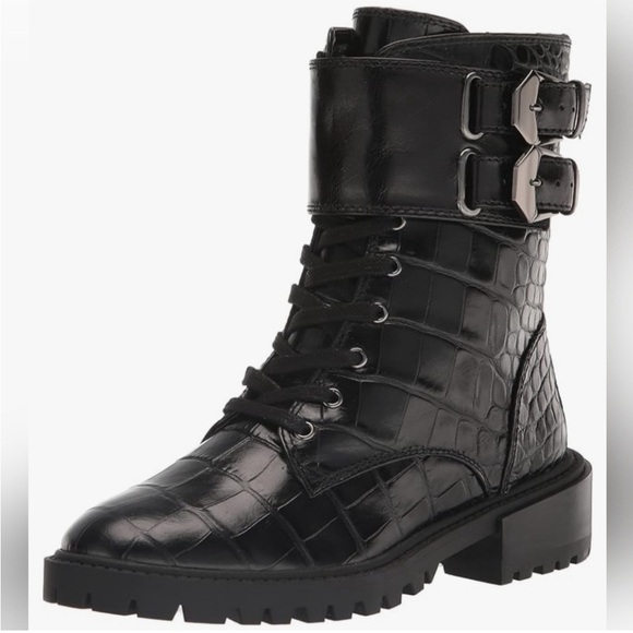 Vince Camuto Shoes - New! Vince Camuto Black Croc Lace Up Fawdry Block Heel Leather‎ Combat Boot Sz 6